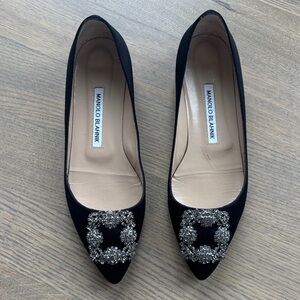 Manolo Blahnik Black Flat Ballerina with Embellished Buckle and satin.